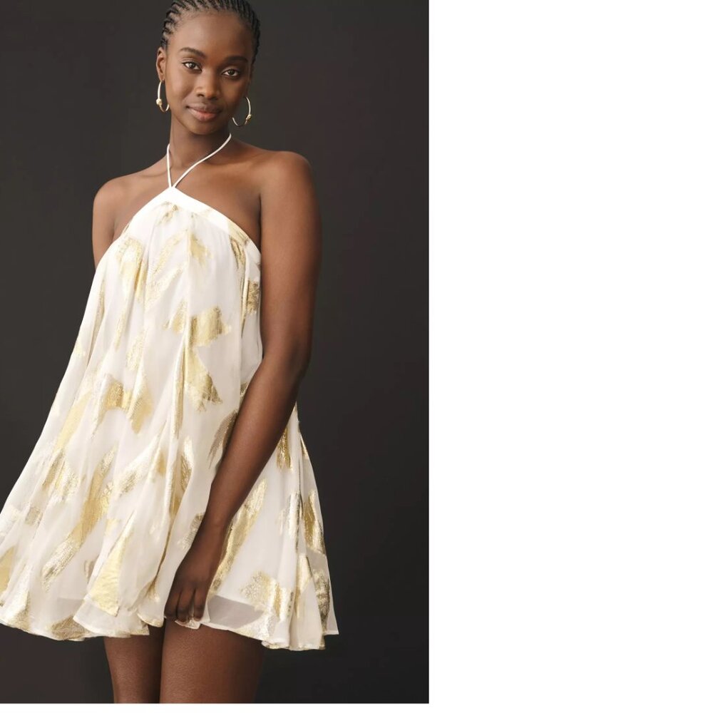 NWT Anthropologie White Mini Dress with Gold Foil Detail